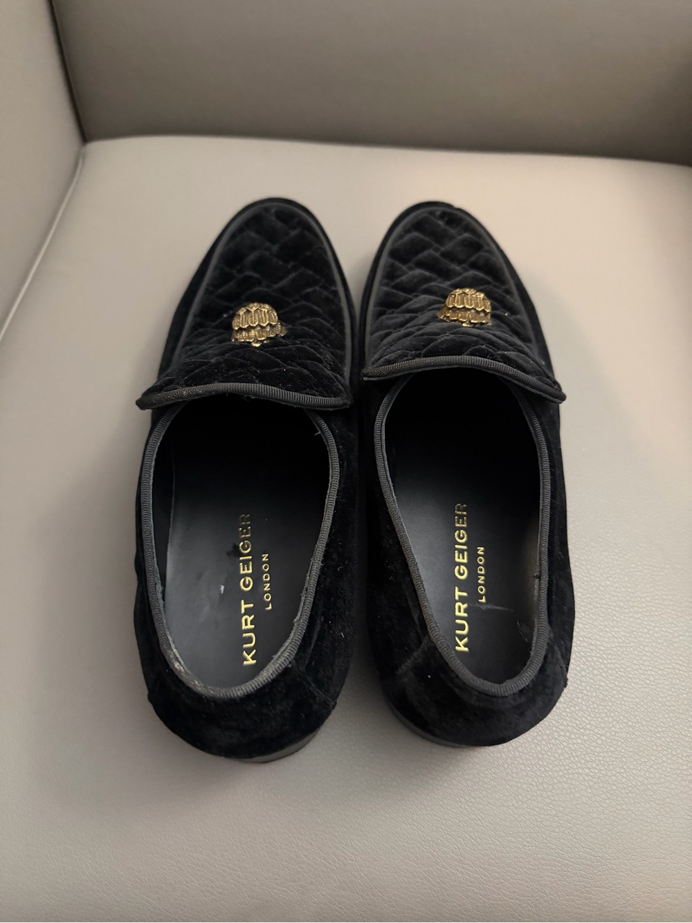 Kurt Geiger Black Quilted Velvet Slip-On Loafers with Gold Crest